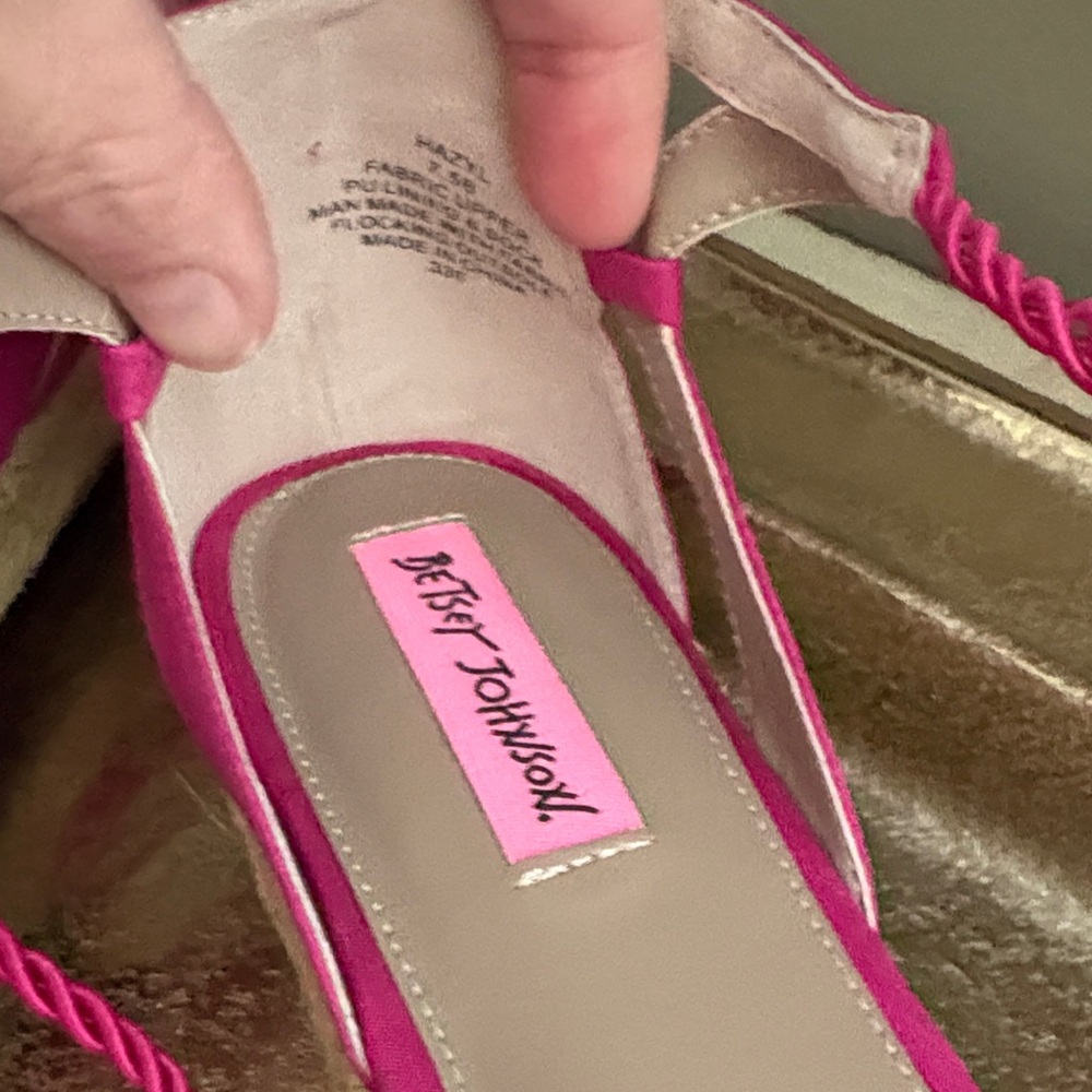 Betsey Johnson Hot Pink Floral Espadrille Wedges with Pom Tassel Ties - Picture 3 of 6